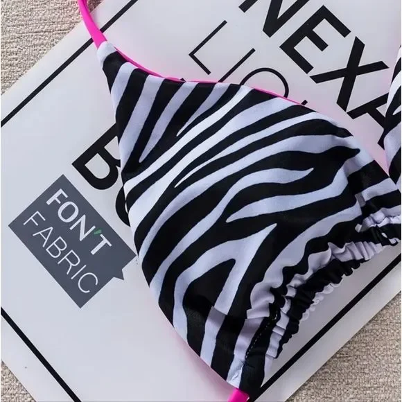 NEW ZEBRA CONTRAST PINK TRIM BIKINI SET - Picture 6 of 10